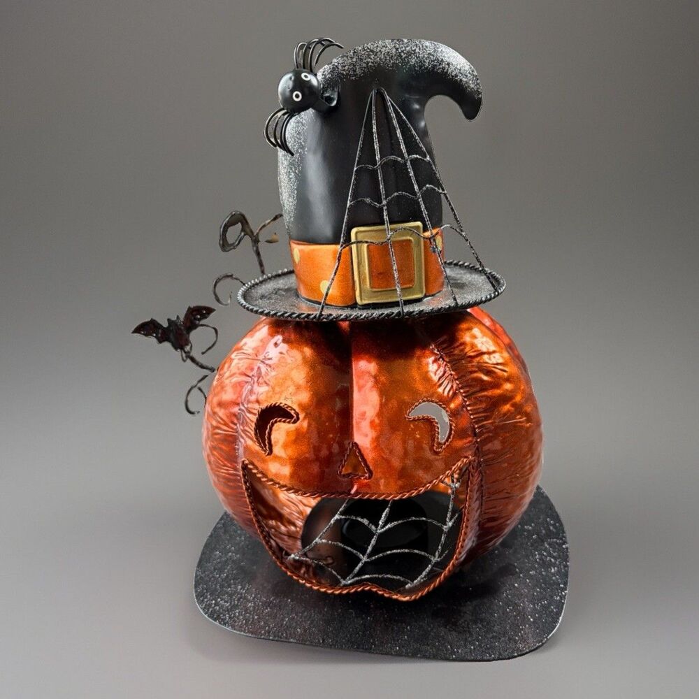 Metal Pumpkin Witch Hat Candle Holder 11” Halloween Decor Spooky Spider Bat